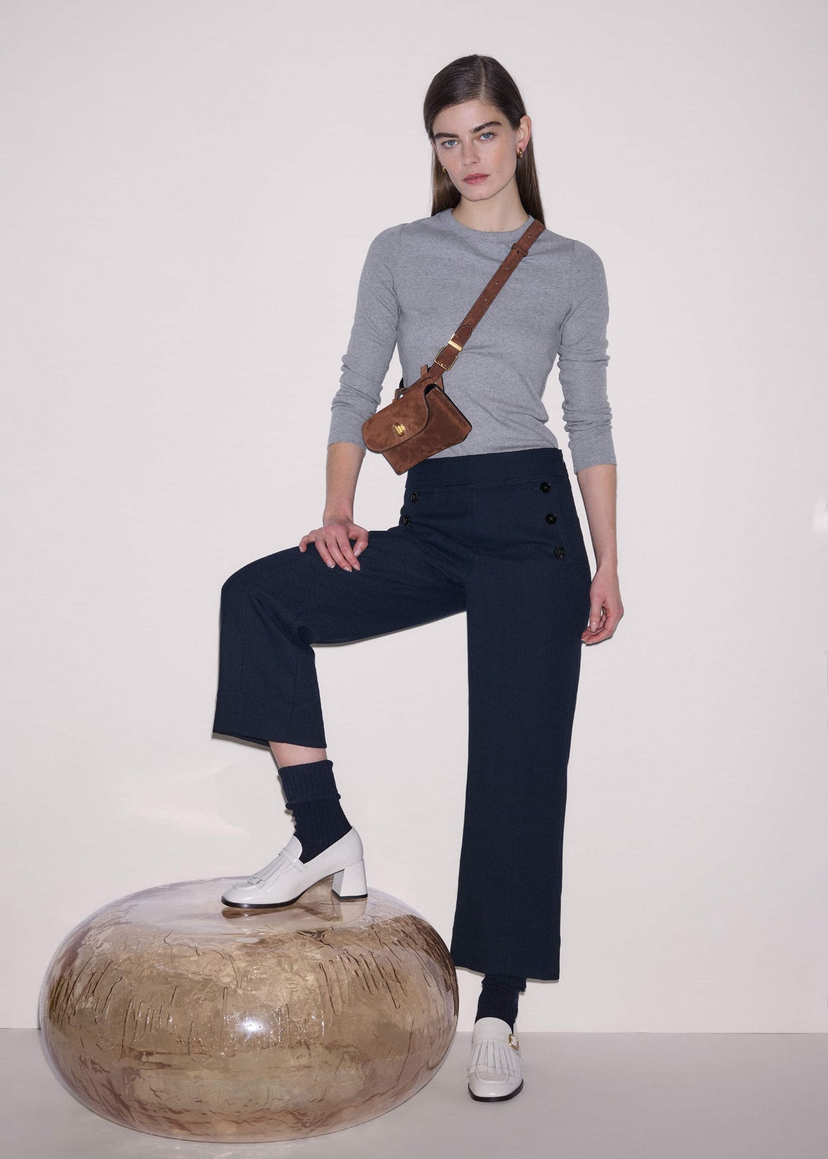 Navy Button Front Straight Crop Pant | ME+EM