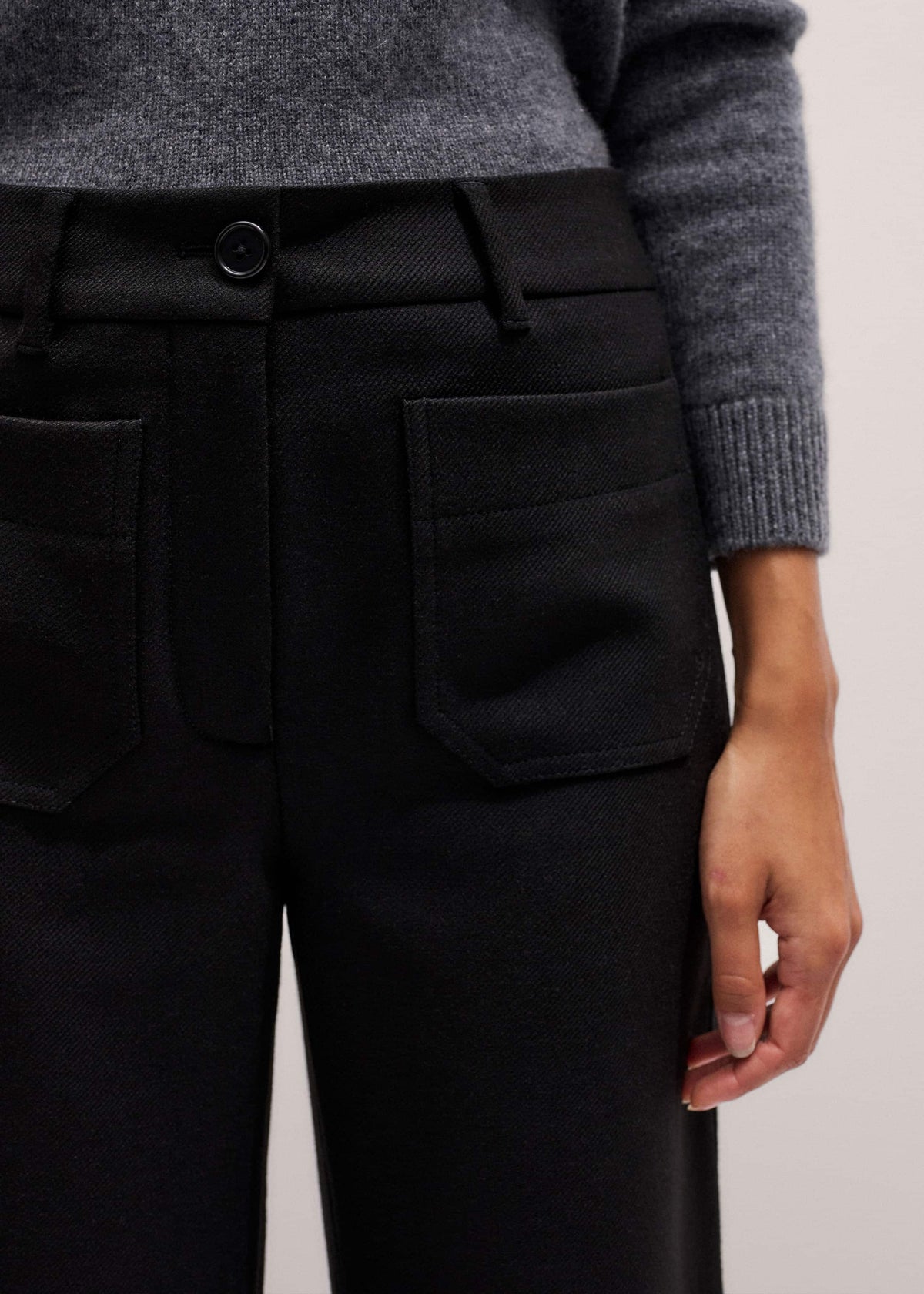 Black Stretch Twill Patch Pocket Cropped Kick-Flare Pant | ME+EM