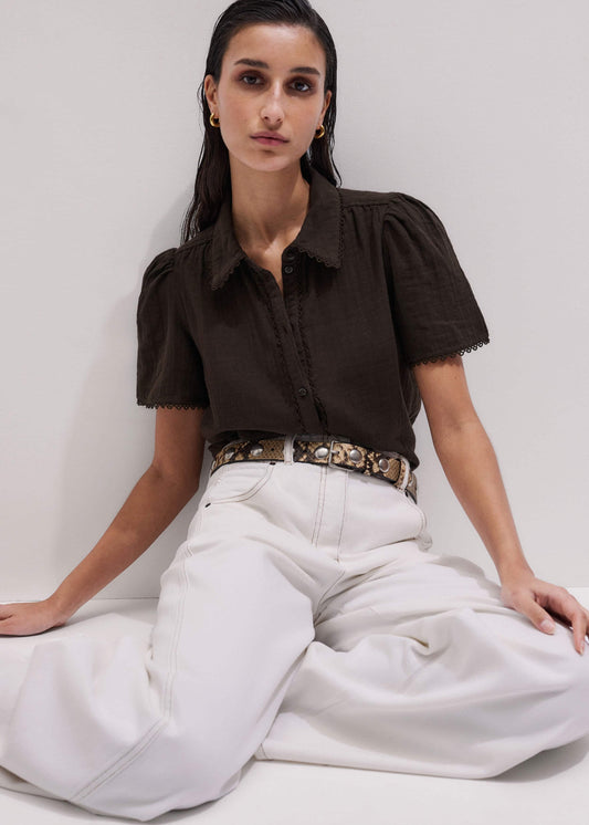 Brown Cheesecloth Trim Detail Blouse | ME+EM