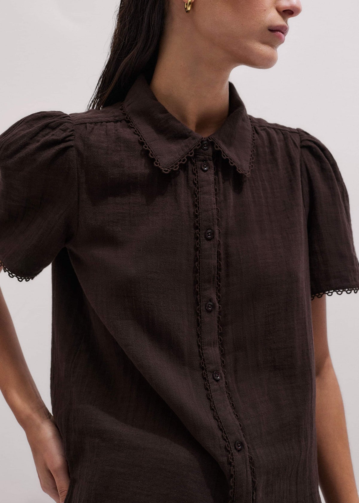 Brown Cheesecloth Trim Detail Blouse | ME+EM