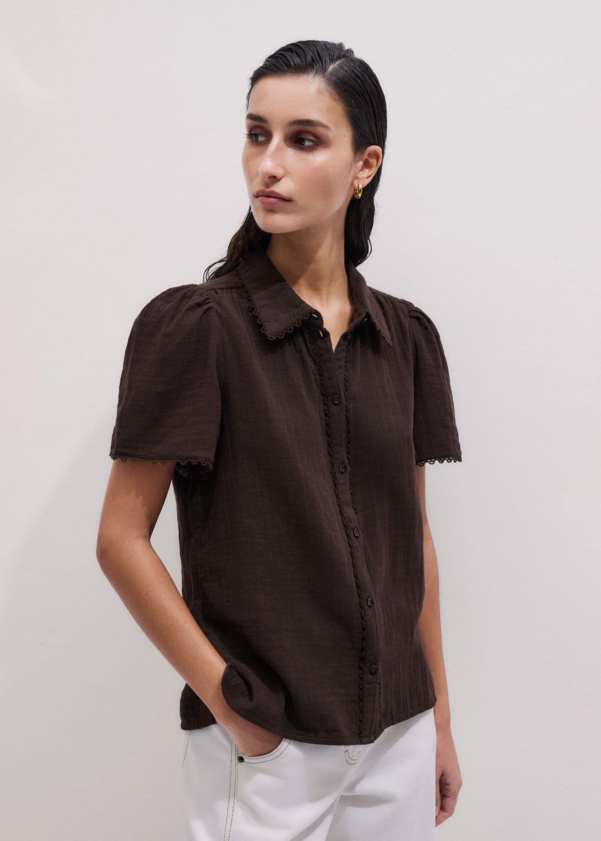 Brown Cheesecloth Trim Detail Blouse | ME+EM