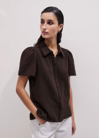 Brown Cheesecloth Trim Detail Blouse | ME+EM