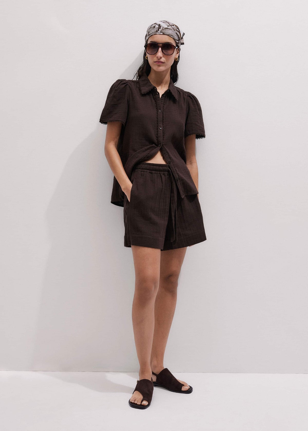 Brown Cheesecloth Trim Detail Blouse | ME+EM