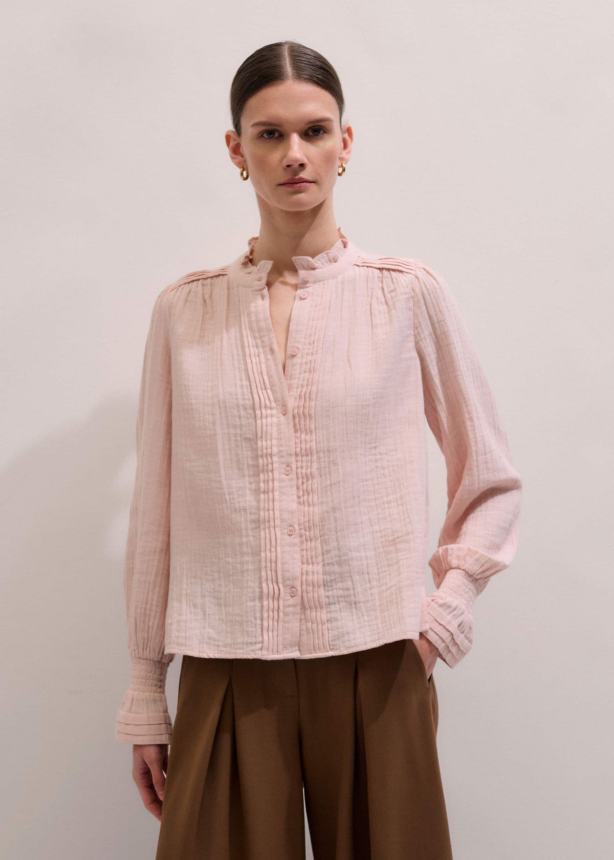 Pink Pleat Detail Long Sleeve Cheesecloth Blouse | ME+EM