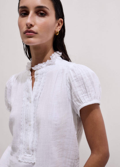 White Straight Cheesecloth Cap-Sleeve Blouse | ME+EM