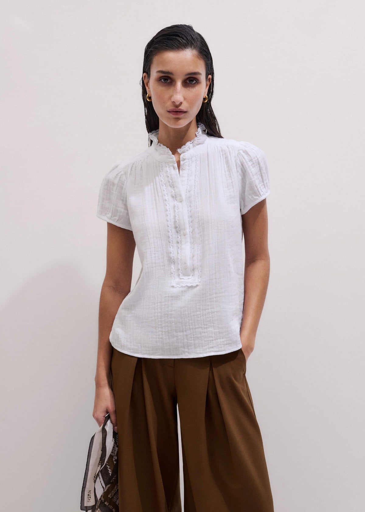 White Straight Cheesecloth Cap-Sleeve Blouse | ME+EM