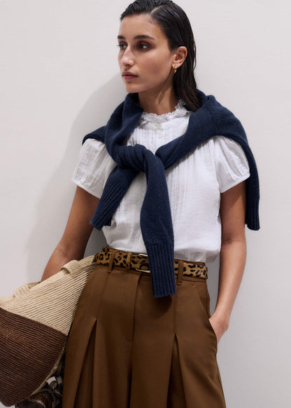 White Straight Cheesecloth Cap-Sleeve Blouse | ME+EM