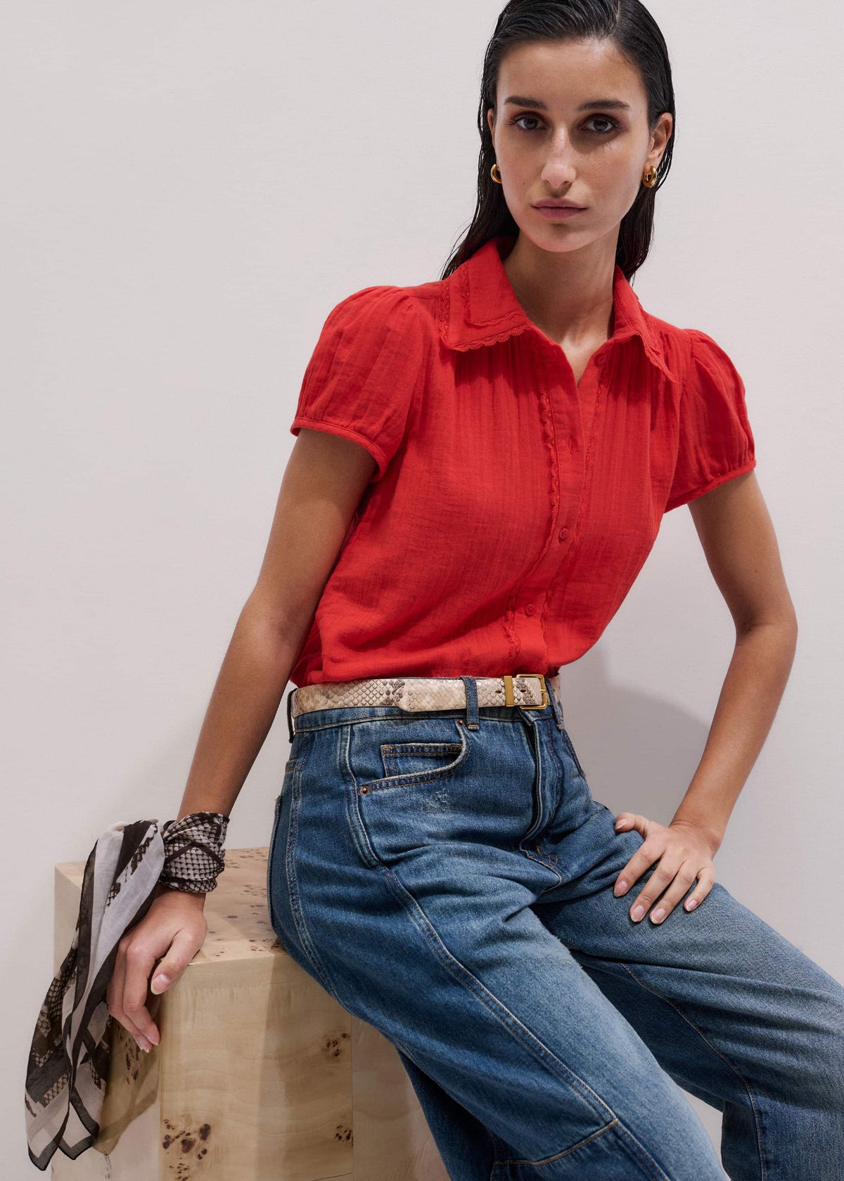 Red Cheesecloth Cap-Sleeve Blouse | ME+EM
