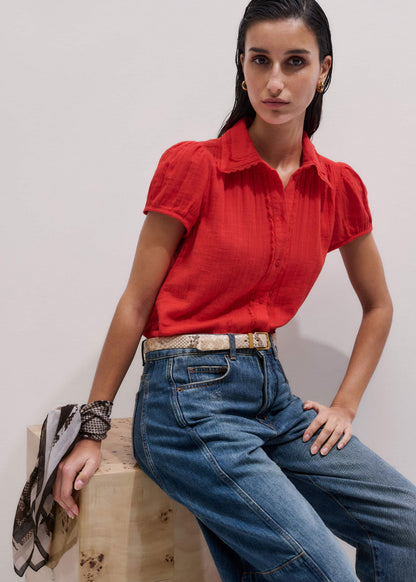 Red Cheesecloth Cap-Sleeve Blouse | ME+EM