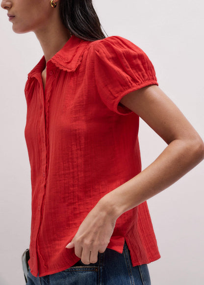 Red Cheesecloth Cap-Sleeve Blouse | ME+EM