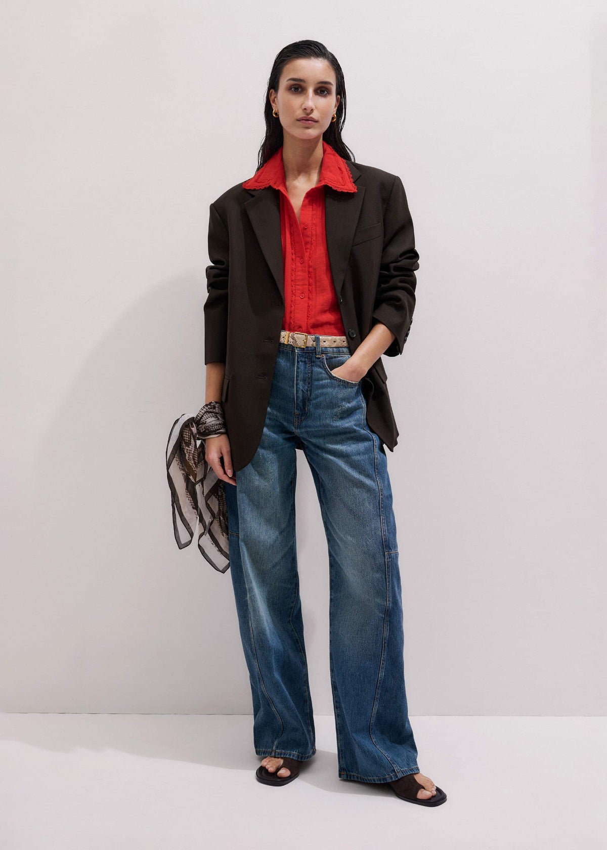 Red Cheesecloth Cap-Sleeve Blouse | ME+EM
