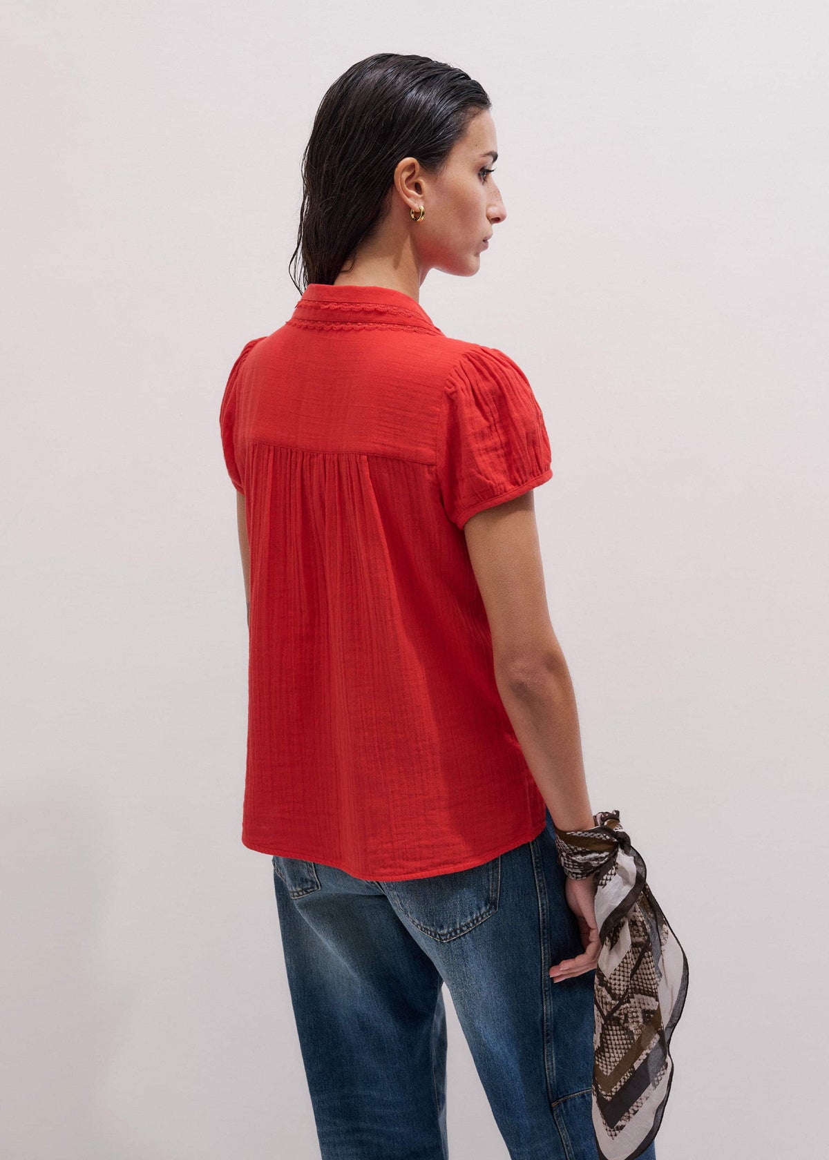 Red Cheesecloth Cap-Sleeve Blouse | ME+EM