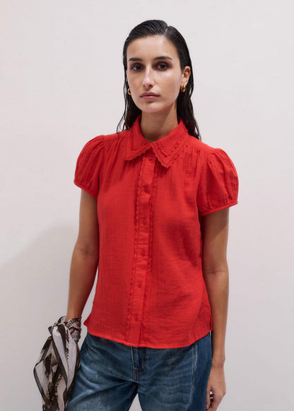 Red Cheesecloth Cap-Sleeve Blouse | ME+EM