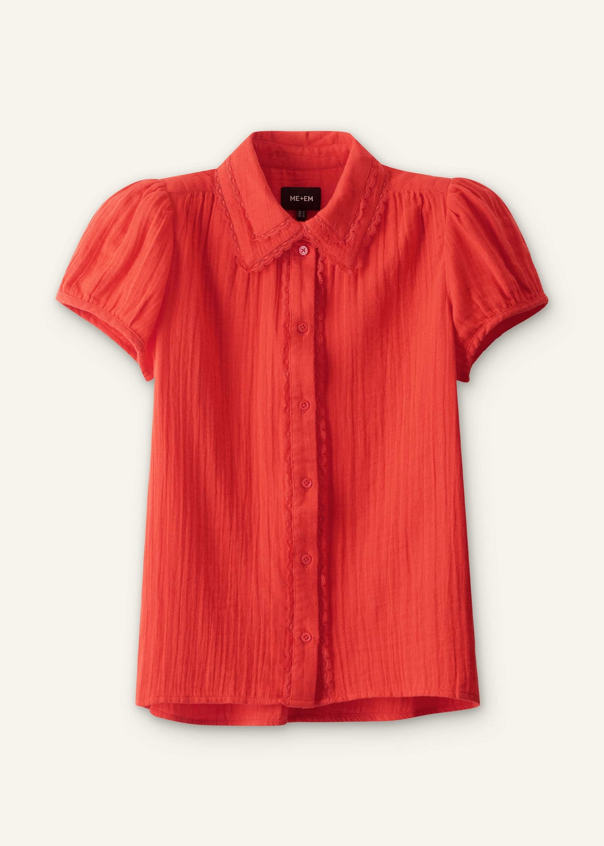 Red Cheesecloth Cap-Sleeve Blouse | ME+EM