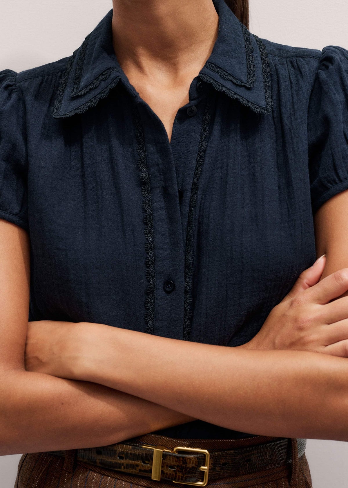 Navy Cheesecloth Cap-Sleeve Blouse | ME+EM