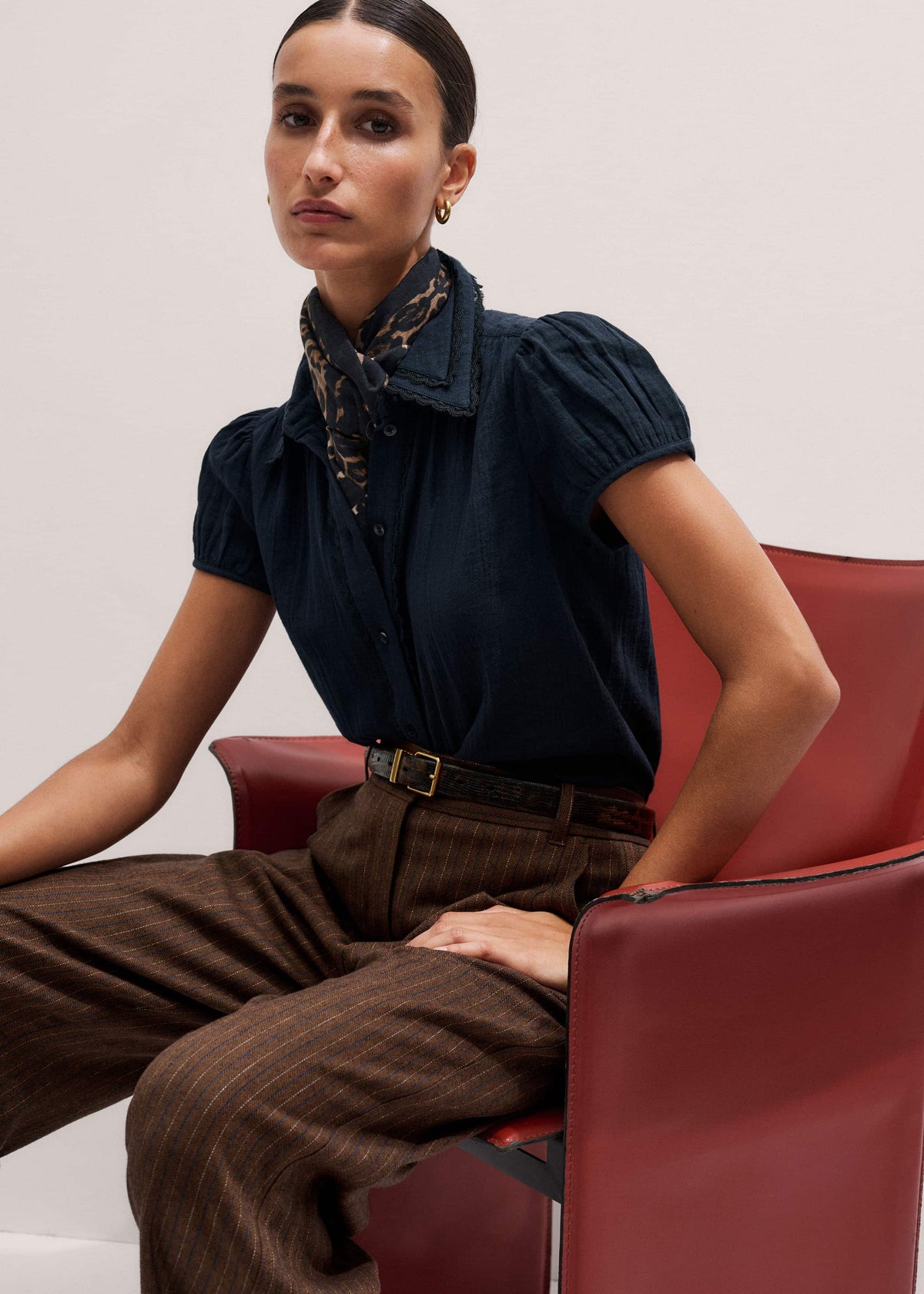 Navy Cheesecloth Cap-Sleeve Blouse | ME+EM