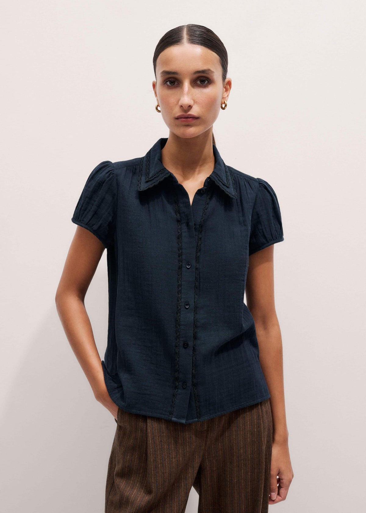 Navy Cheesecloth Cap-Sleeve Blouse | ME+EM