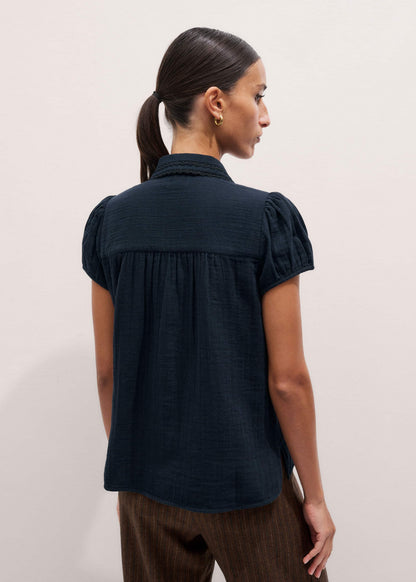 Navy Cheesecloth Cap-Sleeve Blouse | ME+EM