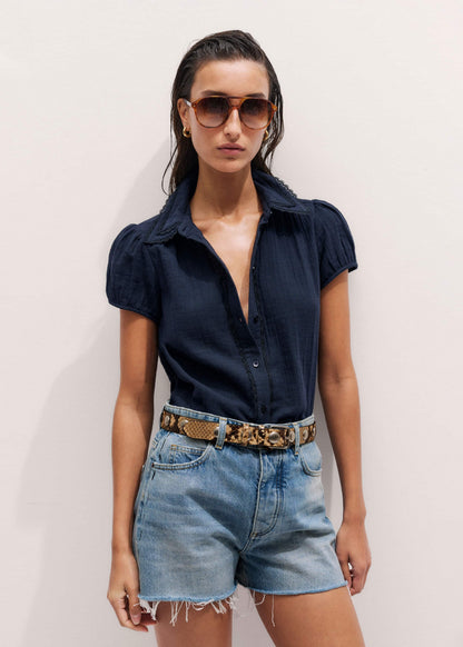 Navy Cheesecloth Cap-Sleeve Blouse | ME+EM