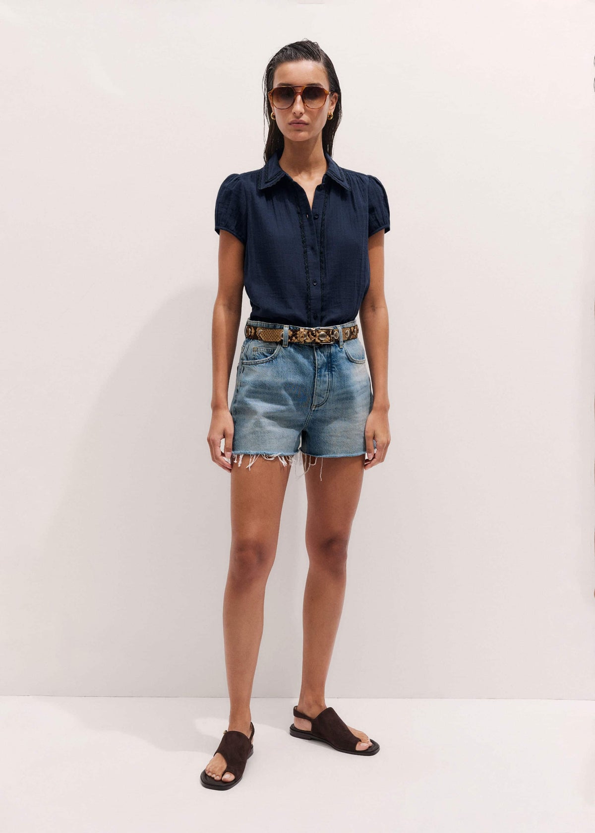 Navy Cheesecloth Cap-Sleeve Blouse | ME+EM
