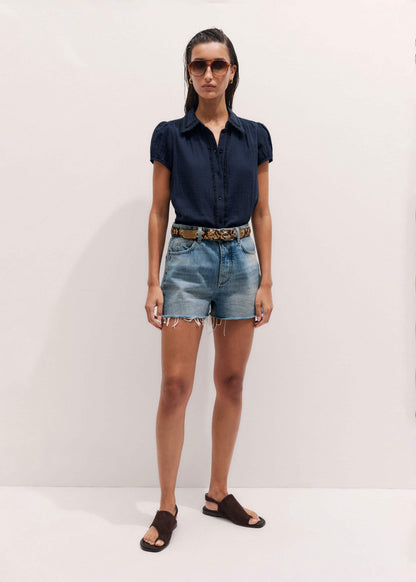 Navy Cheesecloth Cap-Sleeve Blouse | ME+EM