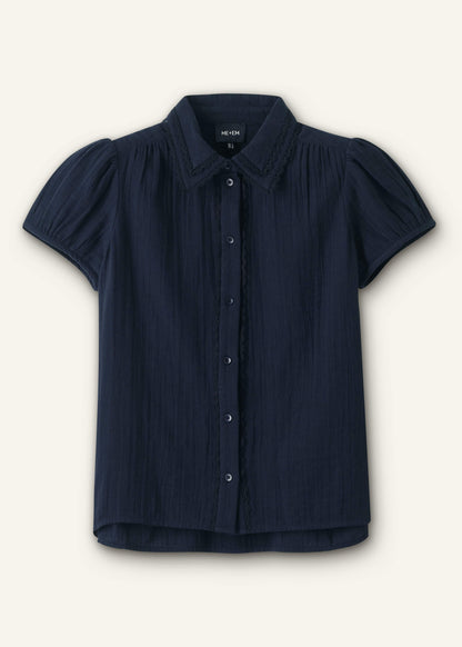 Navy Cheesecloth Cap-Sleeve Blouse | ME+EM