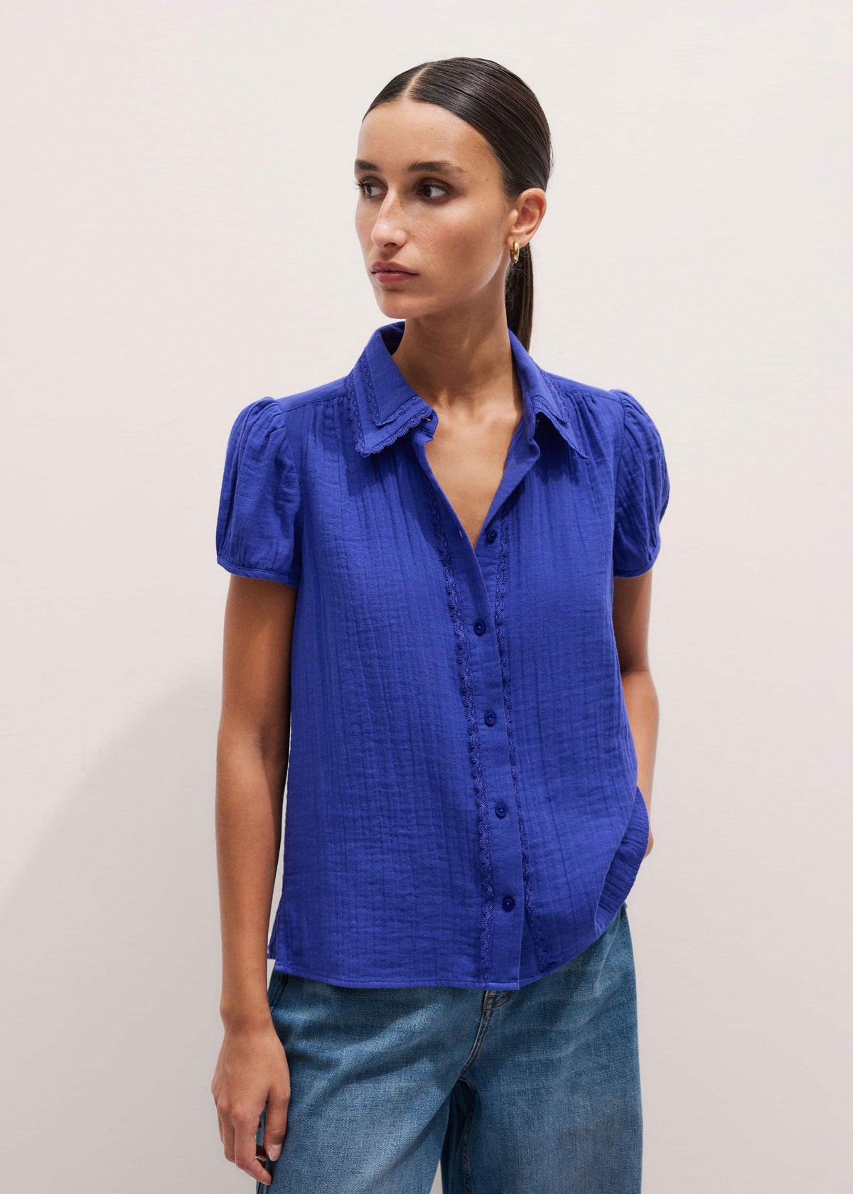 White Cheesecloth Cap-Sleeve Blouse | ME+EM