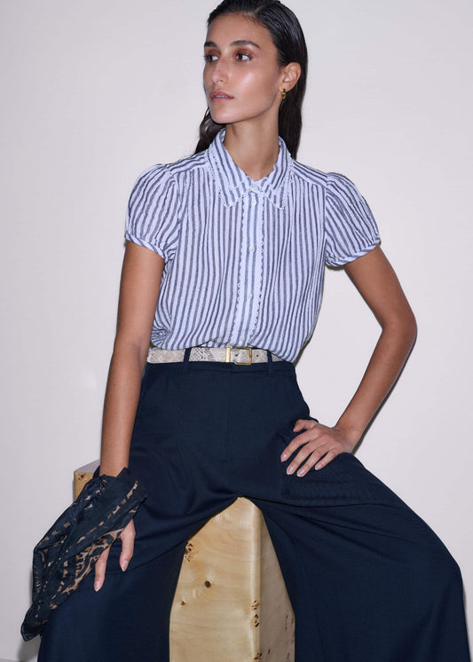 Navy Cheesecloth Stripe Cap-Sleeve Blouse | ME+EM