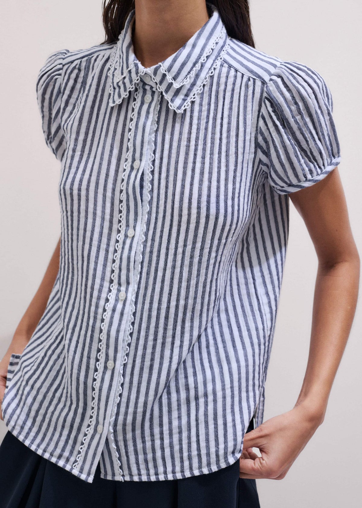 Navy Cheesecloth Stripe Cap-Sleeve Blouse | ME+EM