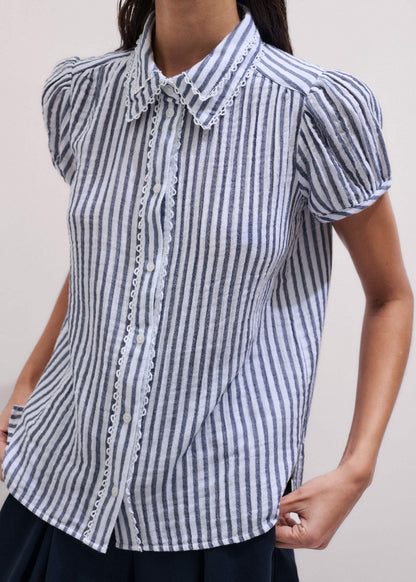 Navy Cheesecloth Stripe Cap-Sleeve Blouse | ME+EM
