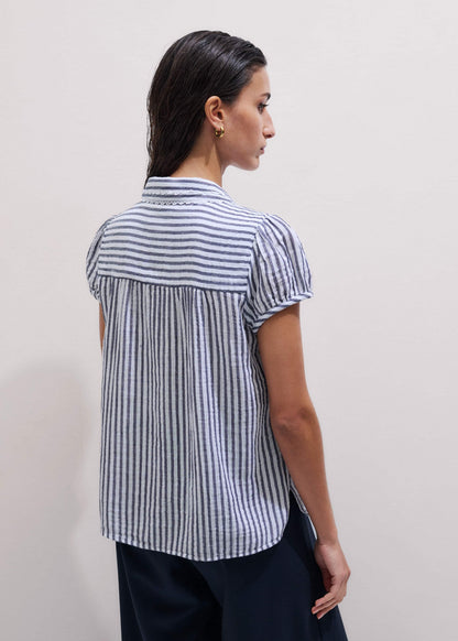 Navy Cheesecloth Stripe Cap-Sleeve Blouse | ME+EM
