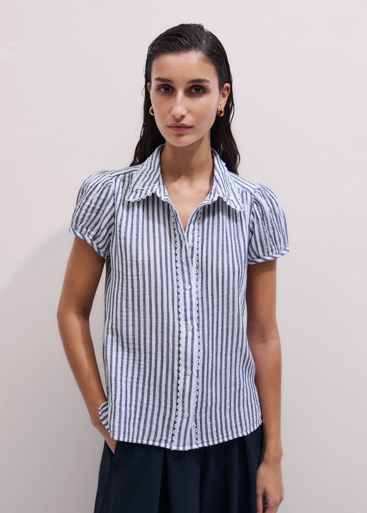 Navy Cheesecloth Stripe Cap-Sleeve Blouse | ME+EM
