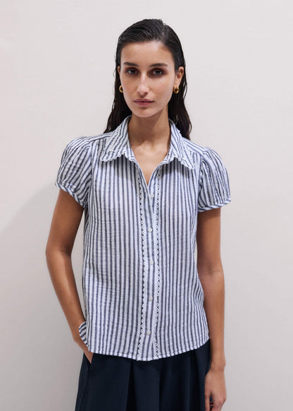Navy Cheesecloth Stripe Cap-Sleeve Blouse | ME+EM