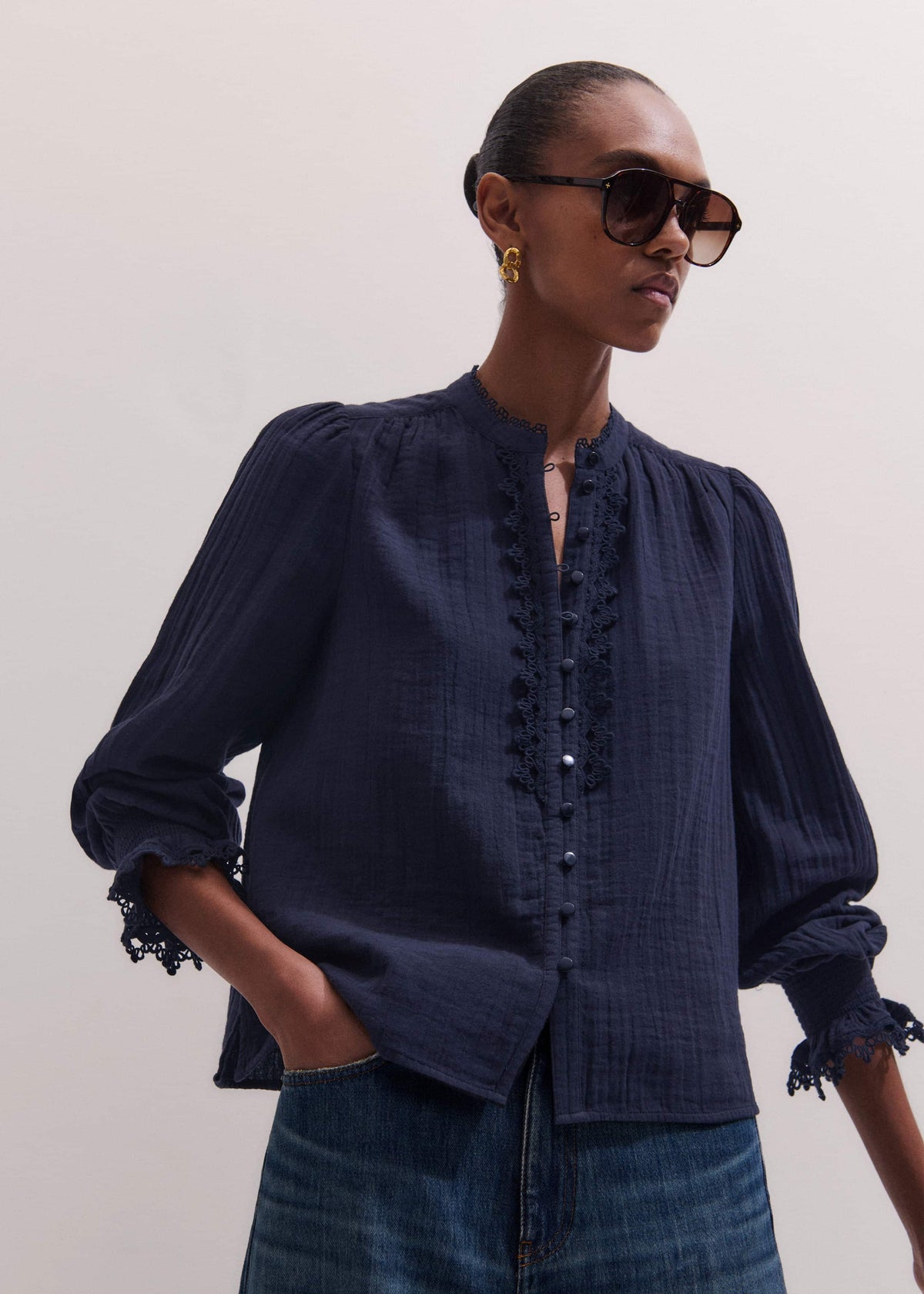 Navy Cheesecloth Intricate Detail Blouse | ME+EM