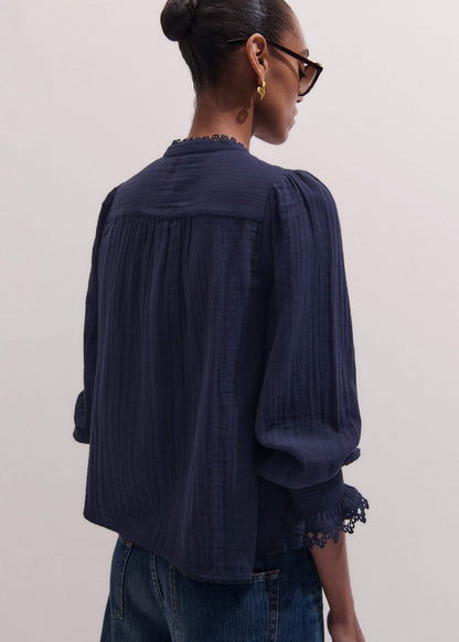 Navy Cheesecloth Intricate Detail Blouse | ME+EM