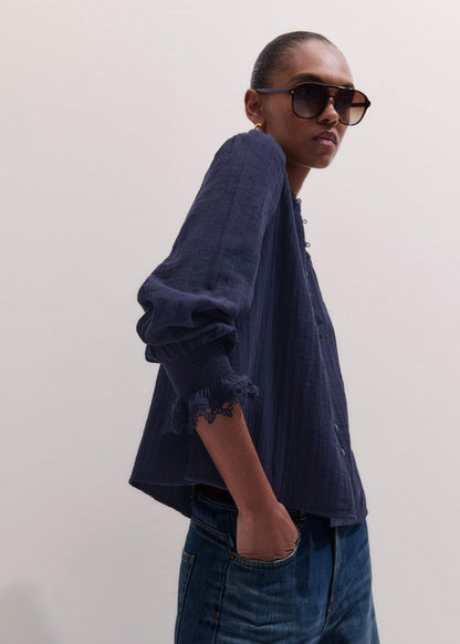 Navy Cheesecloth Intricate Detail Blouse | ME+EM