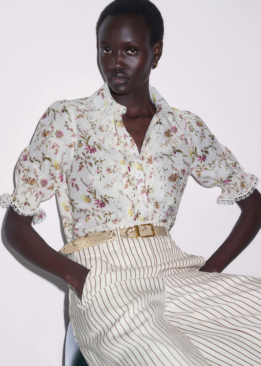 Cream Silk Cotton Wild Spring Floral Print Blouse | ME+EM