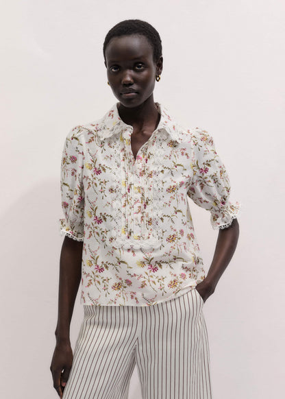 Cream Silk Cotton Wild Spring Floral Print Blouse | ME+EM