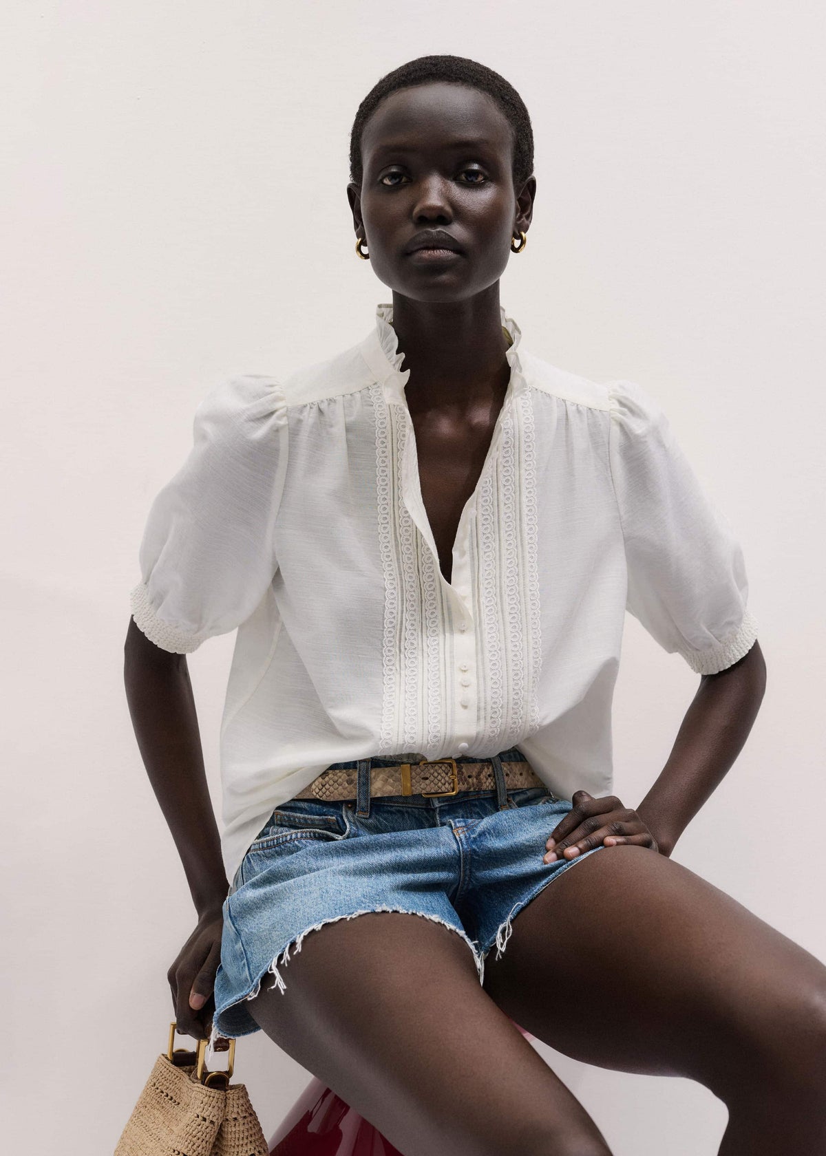 White Silk + Cotton Pintuck Detail Straight Blouse | ME+EM