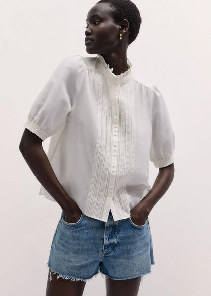 White Silk + Cotton Pintuck Detail Straight Blouse | ME+EM