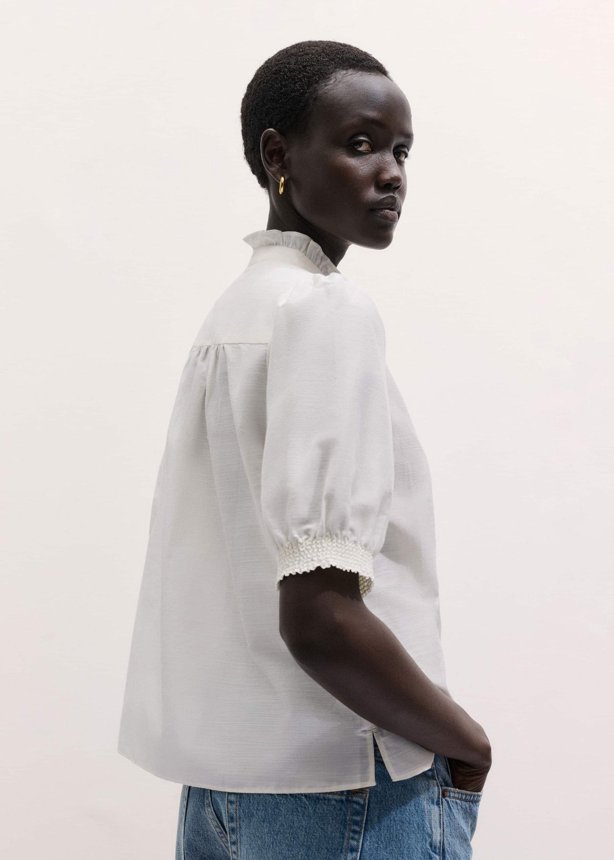 White Silk + Cotton Pintuck Detail Straight Blouse | ME+EM