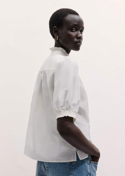 White Silk + Cotton Pintuck Detail Straight Blouse | ME+EM