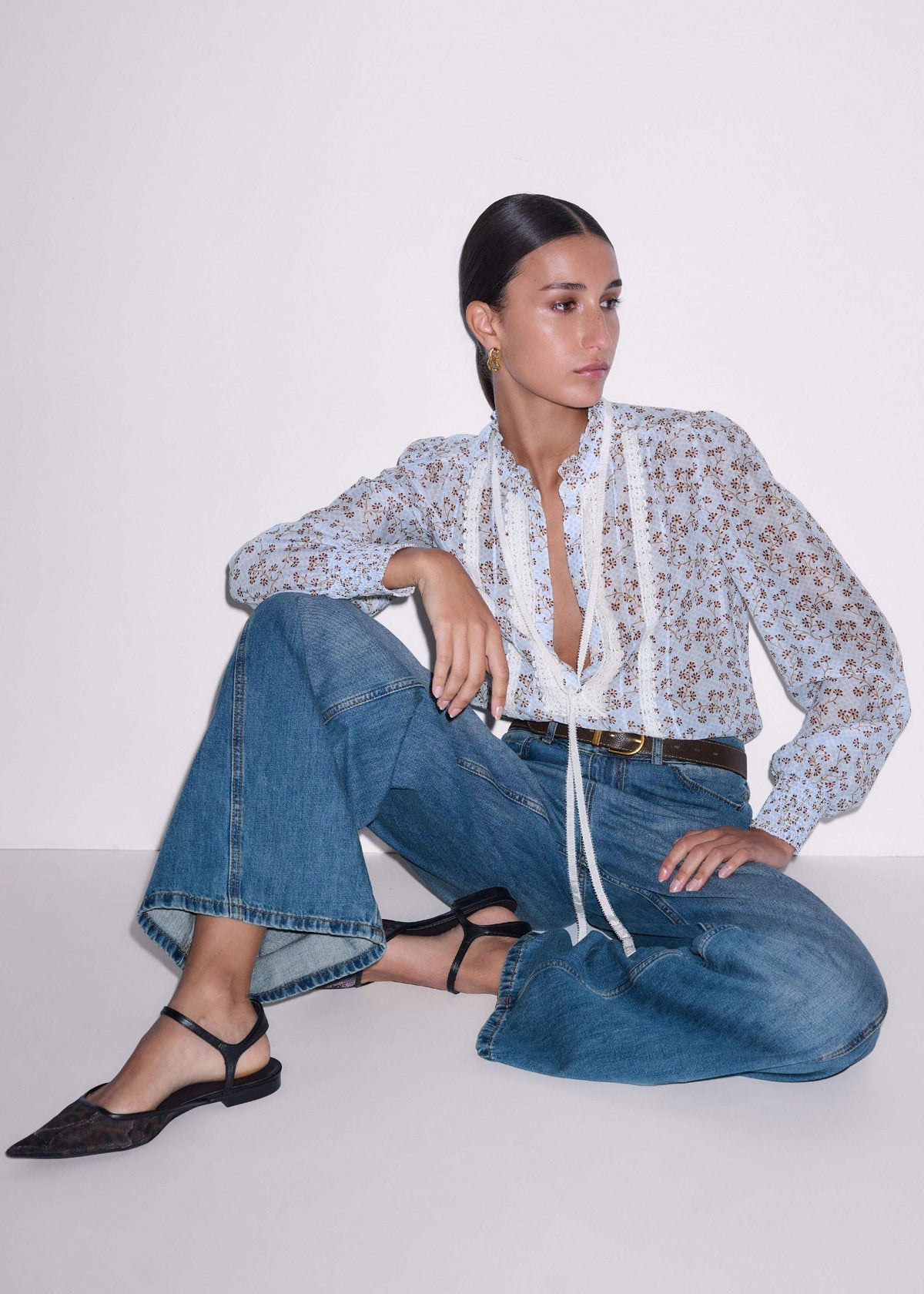 Blue Scallop Daisy Print Trim Detail Blouse + Tie | ME+EM