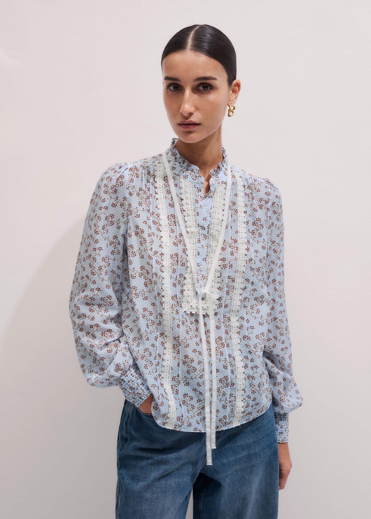 Blue Scallop Daisy Print Trim Detail Blouse + Tie | ME+EM