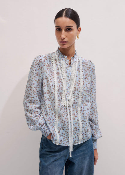 Blue Scallop Daisy Print Trim Detail Blouse + Tie | ME+EM