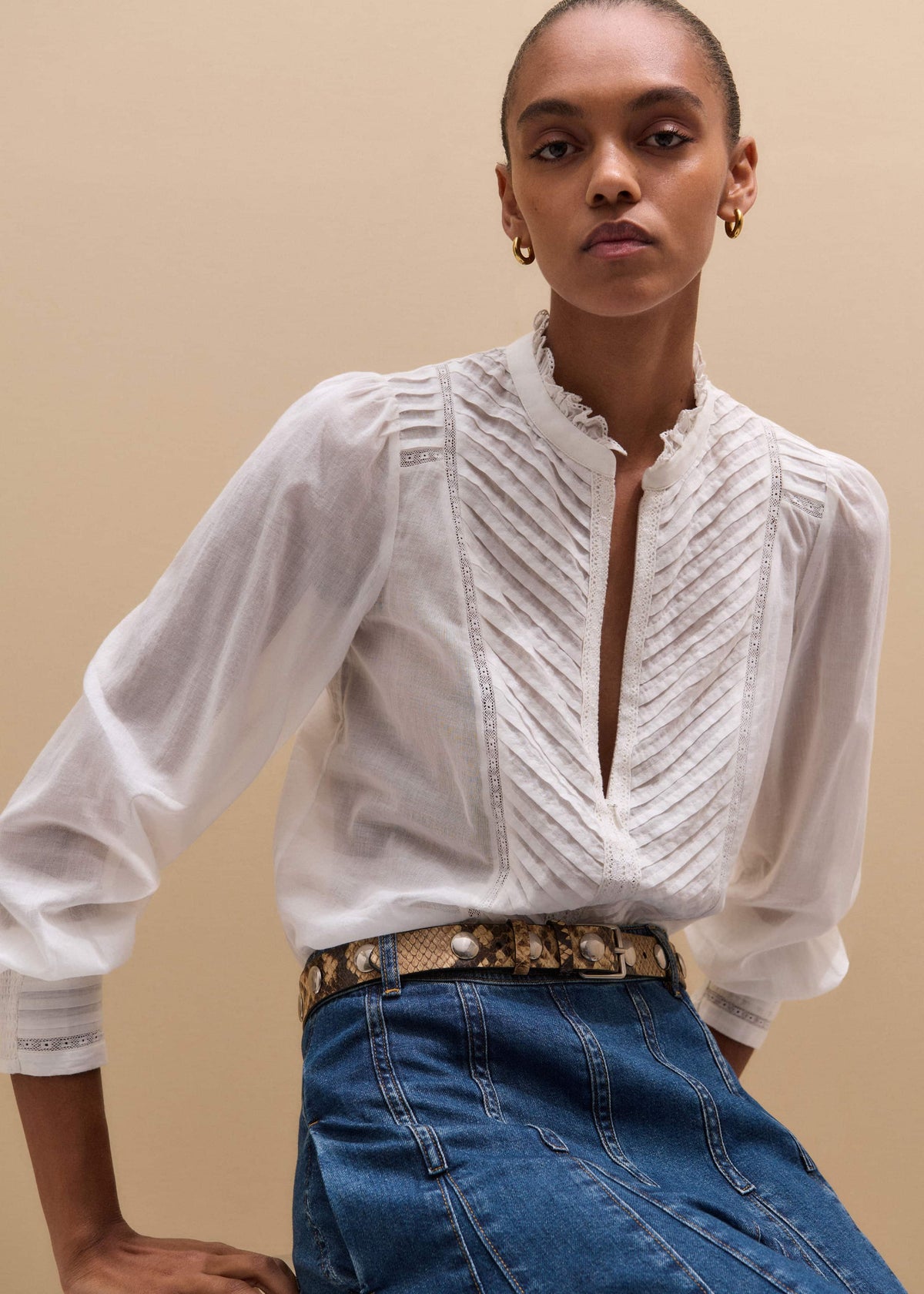 White Delicate Pintucked High-Neck Top | ME+EM
