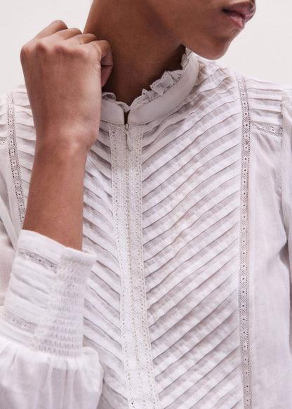 White Delicate Pintucked High-Neck Top | ME+EM