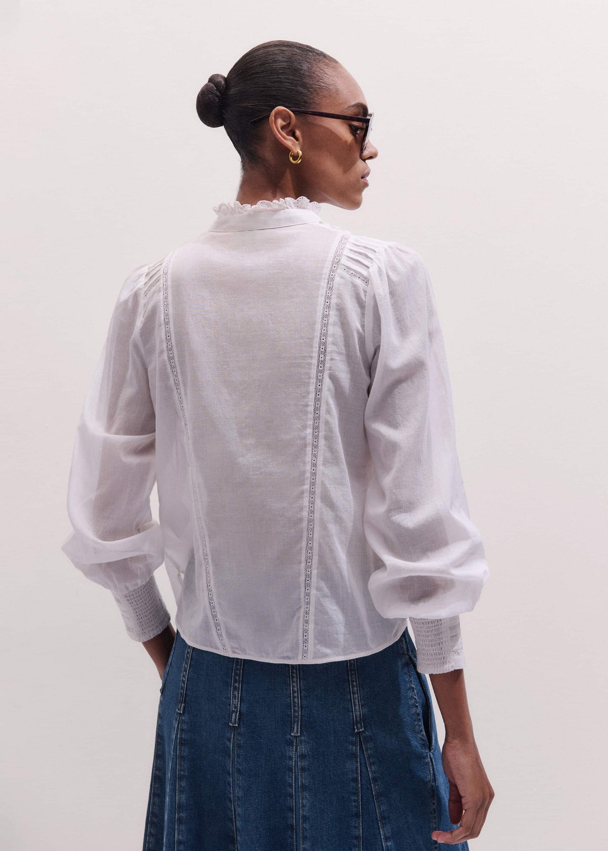White Delicate Pintucked High-Neck Top | ME+EM