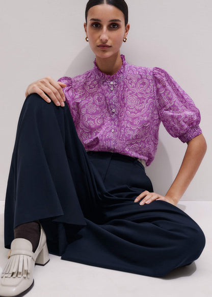 Purple Silk Cotton Entangled Lace Print Straight Blouse | ME+EM