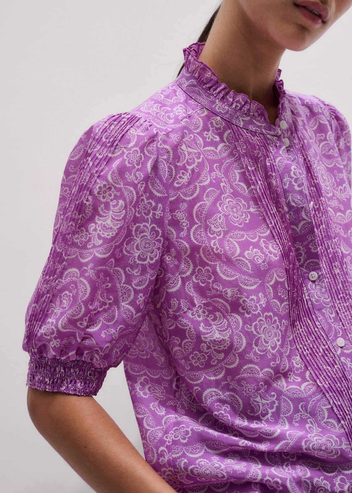 Purple Silk Cotton Entangled Lace Print Straight Blouse | ME+EM